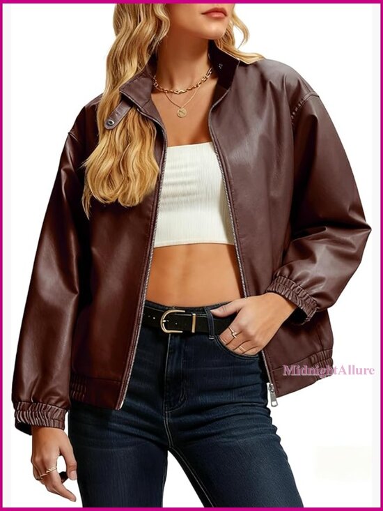 Jackets & Blazers - Oversized Faux Leather Bomber Jacket with Double Zipper Winter Coat
